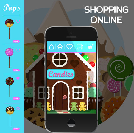 online application for a sweet shop and bakery. Gingerbread house as a store of sweets, cakes, cakes and donuts with fast home delivery. ordering via a smartphone, tablet, or website. Vector illustration for advertisingのイラスト素材