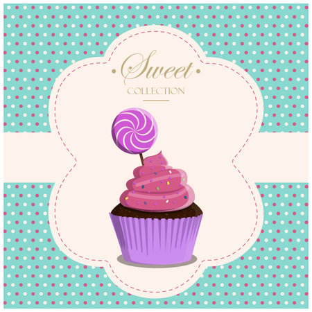 Cupcake with topping in a retro style with a geometric background and retro elements. Vector greeting card for a birthday or holiday. Dessert for a website, bakery, menu, or pastry shopのイラスト素材