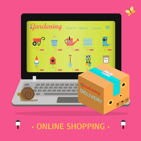 laptop screen with an online store of gardening and garden equipment. Flat illustration of the site with products and their delivery to the buyer s home. An app or website selling everything for home and garden with ads on the main pageのイラスト素材