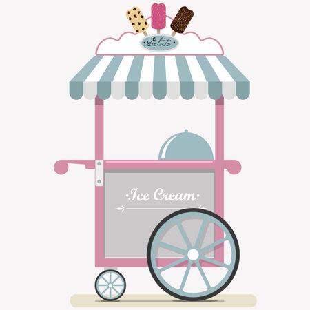 Flat cute ice cream cart. Diner in the Park, at the fair, street and festival. Vector illustration in pastel pink and blue tones. Point of sale of ice cream, Gelato, ice and milkshakes. Cold ice cream for children and adults on a walk in the fresh air.のイラスト素材