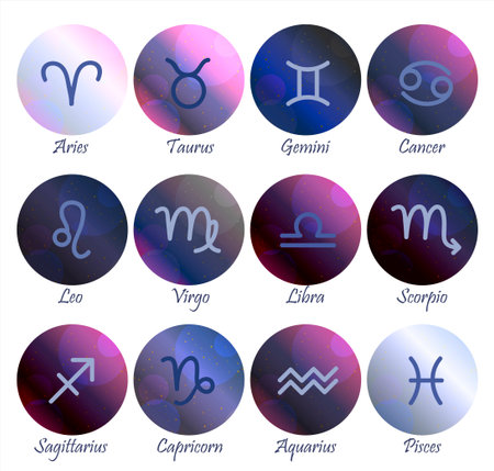 Constellations of the horoscope with symbols of the zodiac signs on a gradient purple-pink starry sky. Planets, stars and constellations in space. Telescope to study the stars. vector illustration of astrology and astronomy. Vector horoscopes bright stars in cosmos.のイラスト素材