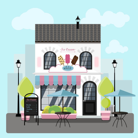 Facade of an ice cream parlor with a summer outdoor terrace. Vector illustration of restaurant ice creamのイラスト素材