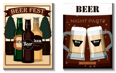 A set of vector flyers for a beer party, festival or advertising. Flat illustration with beer mugs, beer bottles, glasses and holiday decorations.のイラスト素材