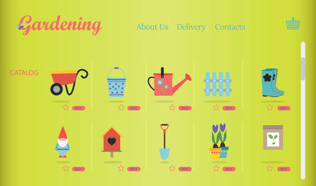 laptop screen with an online store of gardening and garden equipment. Flat illustration of the site with products and their delivery to the buyer s home. An app or website selling everything for home and garden with ads on the main pageのイラスト素材