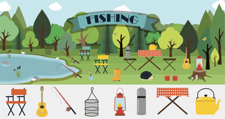 A set of flat vector leaflets for summer fishing, Hiking, picnic and tourism. Big banner with a picnic table, basket of mushrooms, fire, fishing rod, guitar and camping equipment. Picture with a rear view of lake and forests. Illustrations for an ad, website, app, banner, or booklet.のイラスト素材