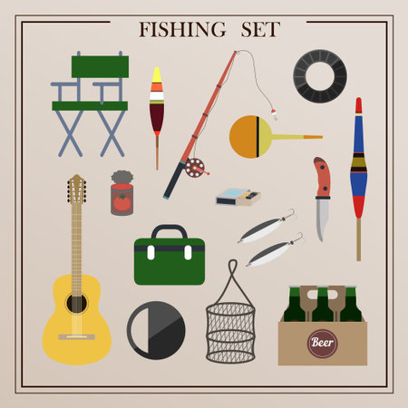 A set of items for fishing with nets and a fishing rod. Vector illustrations of isolated items for catching sea animals.のイラスト素材