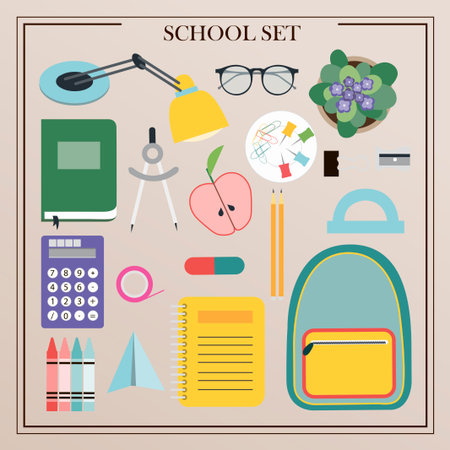 A set of vector office supplies, school and office attributes. Flat design of insulated pencils, pens, rulers, backpack, globe, paints, palettes, brushes, books, notebooks, compasses, telescope. Illustration for a store, school, University, or office supplies. Top view of written objectsのイラスト素材
