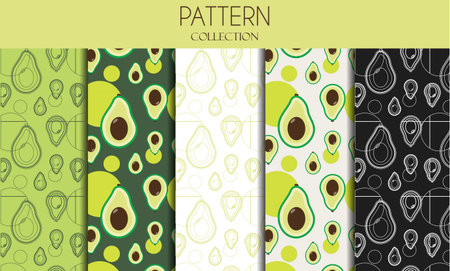 A set of seamless patterns with avocado. Flat design illustration with fruit in stylish green colors. Monochrome pattern . Black and white composition. Tropic exotic fruit. Health food, fabric wallpaper textile print sticker. Actual summer market and restaurant cafe cuisine.のイラスト素材
