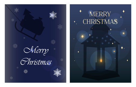 Christmas greeting card in flat style. Dark blue background with stars and silhouettes of candle holders and Christmas lanterns. Stylish romantic illustration with Christmas sleigh, flowers, candy and garlands. Poster for greetings, parties, sales, or web ads. Chirstmas Simple Typography Greeting Posterのイラスト素材