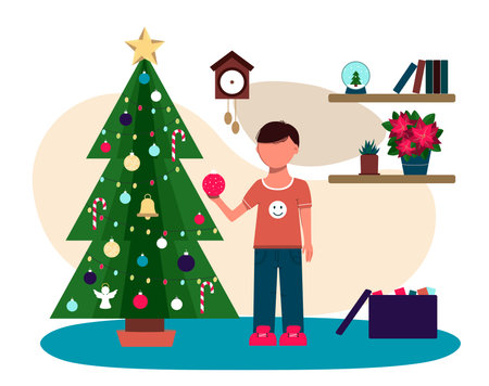 A boy decorates a Christmas tree on Christmas eve. Flat illustration of a Christmas card. Cozy interior with a poinsettia and a cuckoo clock. Christmas tree with garlands, balloons, candy and angels.An illustration for a greeting, new year s website, app, or ad.Vector illustration