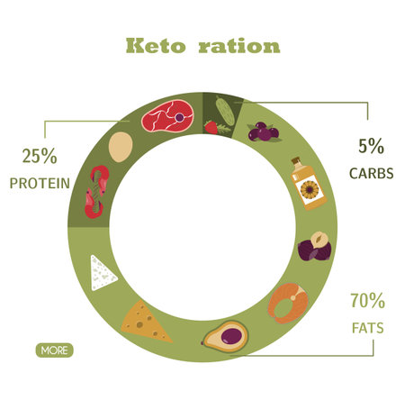 Pyramid of nutrition on the keto diet. Foods, calculation of water, beverages, fat, protein and carbohydrates for a healthy diet according to the keto diet. Infographics of healthy food. A brochure for familiarization with and compliance with the nutrition plan. Poster for advertising, poster or banner, for people who are losing weight.のイラスト素材