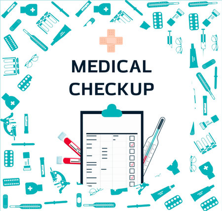 Medical poster with medicines, test tubes and a thermometer. Advertising online pharmacies or remote medical consultations for adults and children. Medical checkup and blood test results for the virus.のイラスト素材