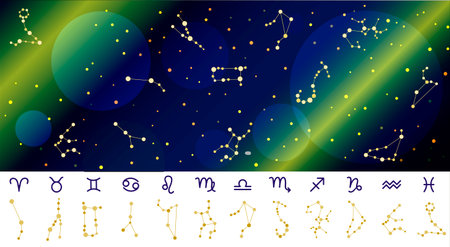 Constellations of the horoscope with symbols of the zodiac signs on a gradient purple-pink starry sky. Planets, stars and constellations in space. Telescope to study the stars. vector illustration of astrology and astronomy. Vector horoscopes bright stars in cosmos.のイラスト素材
