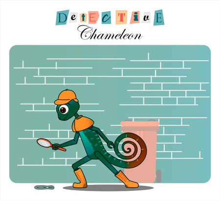 Cartoon character chameleon-detective. Flat illustration for children, books, websites, detective agencies or holidays. Cute picture for playing detectives. The chameleon lizard is a master of disguise. Detective looking through magnifying glass, vector color illustrationのイラスト素材