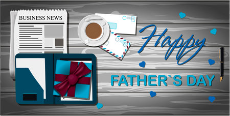 Top view of a wooden office Desk with office supplies. The inscription of happy father s day. Business man s Desk with a daily planner, newspaper with business news, coffee, passport, credit card, envelopes, lunch and pen. Postcard for father s day, international men s day. A brutal bright illustration for a men s banner, website, or ad. Vector illustration in flat style.のイラスト素材