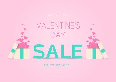 Valentine s day greeting card with hearts and love wishes. Flat vector illustration for sale, online store, delivery of goods for the holiday. Invitation flyer in pink, red, and blue. Images with a set of items for discounts, sweets, romantic items by February 14.のイラスト素材