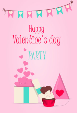 Valentine s day greeting card with hearts and love wishes. Flat vector illustration for sale, online store, delivery of goods for the holiday. Invitation flyer in pink, red, and blue. Images with a set of items for discounts, sweets, romantic items by February 14.のイラスト素材
