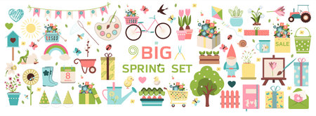 Big spring set. Vector garden tools, flowers. Flat design. Cute icons for a website, app, sale, or ad. Birds, plants, insects and Easter itemsのイラスト素材
