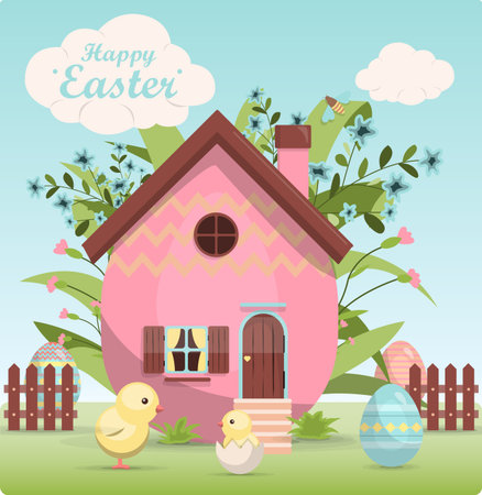 A set of brightly, colorful painted Easter eggs and a cute little house in flowersのイラスト素材