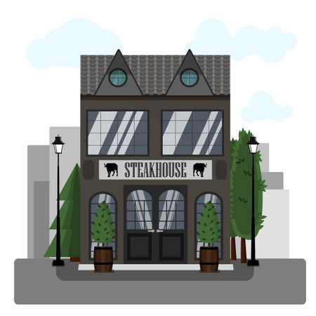 Steakhouse exterior vector illustration. Flat design of facade. Restaurant building concept. Grey two-story restaurant in the European style. Illustration of a city street. Butcher shop store facade. Meat street market. Meat store stall showcase counter.のイラスト素材