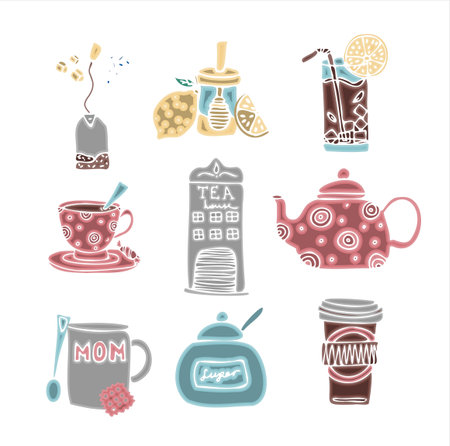 Big set of hand drawn coffee and tea doodles. A set of isolated vector drawings for tea drinking and making all kinds of coffee. A set of isolated vector drawings for tea drinking and making all kinds of coffee. Making coffee with a French press, a turk and a geyser coffee maker.のイラスト素材