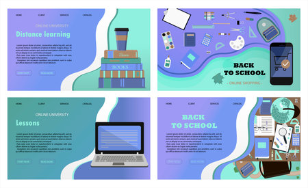 A set of vector websites for distance learning, online education and work. A flat illustration of the main page of the mobile app with a stack of books, a Cup of coffee, and a laptop for conducting online lessons, conferences, and viewing homework from home. Online store. Cartoon illustration.のイラスト素材