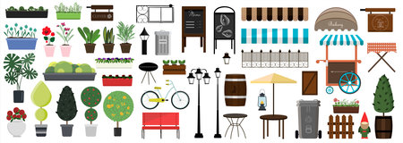 Big set of vector items for street, Park or garden design. Flat illustration of different types of flowers, trees and plants for indoor and outdoor landscaping of the house. Street objects on a white background.のイラスト素材