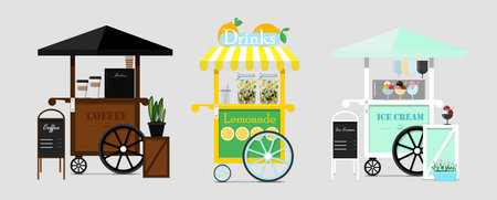 Set of vector coffee, ice cream and lemonade carts. Vector flat illustration of a street fast food. Point of sale of ice cream, cappuccino, latte, lemonade, Gelato and milkshakes. Cold desserts for children. Wooden counter with coffee to take away. Street food, summer mobile cafeteria for the Park, square, market, fair and city streets.のイラスト素材