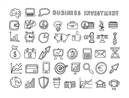 Financial investment icons. Vector hand-drawn financial icons. A big doodle set of images for business.のイラスト素材