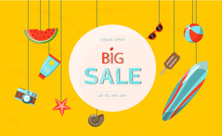 Vector banner for the summer sale. A bright flat illustration of the discount season. Ad template. Hot Summer Sale Typographyのイラスト素材