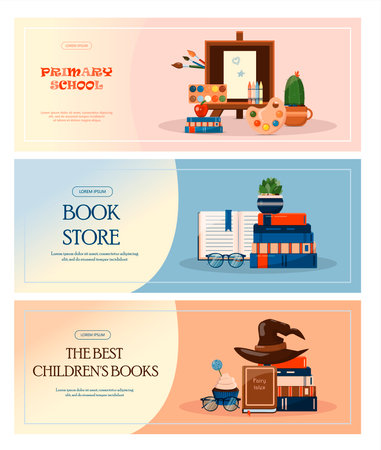 Back to school. Advertising banner, sale, online store, web. Stationery for school, university and office. Cartoon school supplies. Flat illustrations for elementary school. Bright cut out cliparts. Big vector set.のイラスト素材