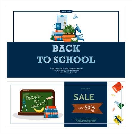 Back to school. Advertising banner, sale, online store, web. Stationery for school, university and office. Cartoon school supplies. Flat illustrations for elementary school. Bright cut out cliparts. Big vector set.のイラスト素材