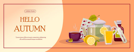 Bright vector autumn sales banner. Advertising, shopping discount promotion. Flat design illustration.Template backgrounds with pupmkin pie, hot spiced tea and colorful seasonal fall leavesのイラスト素材