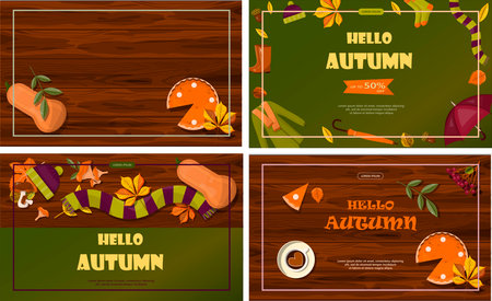 Bright vector autumn sales banner. Advertising, shopping discount promotion. Flat design illustration.Template backgrounds with pupmkin pie, hot spiced tea and colorful seasonal fall leavesのイラスト素材