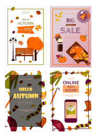 Bright vector autumn sales banner. Advertising, shopping discount promotion. Flat design illustration.Template backgrounds with pupmkin pie, hot spiced tea and colorful seasonal fall leavesのイラスト素材