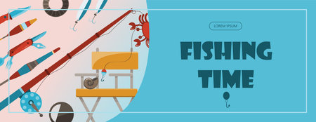 Camping adventure time vector illustration Banner with flat equipment for hiking Cartoon flayer fishing timeのイラスト素材