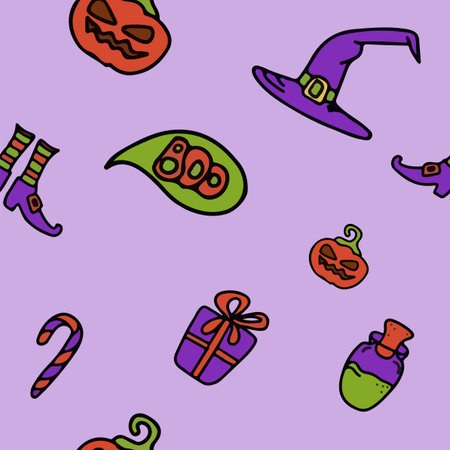 vector seamless Doodle Halloween pattern Colorful cartoon cliparts, symbolsのイラスト素材