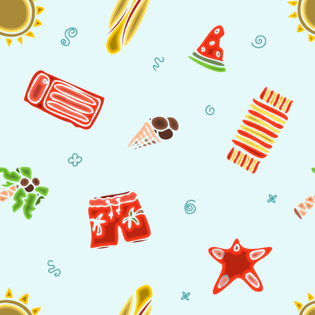 Seamless summer patterns. Hand draw accessories for beach holidays by the sea. Doodle Illustration...