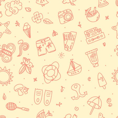Seamless summer patterns. Hand draw accessories for beach holidays by the sea. Doodle Illustration for ads, web, flyers, and banners. Set of drawn by hand icons. Summer fruits, food, transport, diving items and clother.のイラスト素材