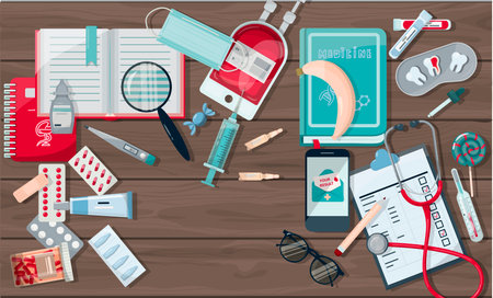 Vector medical banner. Pharmacy template for hospitals, advertising, pharmacies training. International health protection, insurance.Medicine and surgery.Vaccination, online health check up, medical diagnostics.のイラスト素材