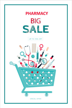 Vector medical sale banner. Template for hospitals, advertising, pharmacies training. First aid. International health protection, insurance.Medicine and surgeryのイラスト素材