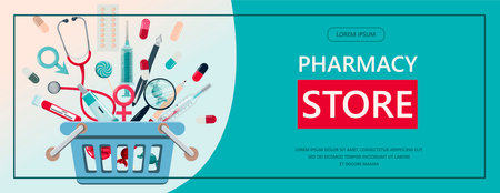 Vector medical banner. Pharmacy template for hospitals, advertising, pharmacies training. International health protection, insurance.Medicine and surgery.Vaccination, online health check up, medical diagnostics.のイラスト素材
