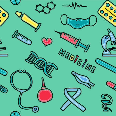 Medical seamless pattern. Medical doodle poster with medicines, test tubes and a thermometer. Big pharmacy set. Vector illustration card with hand-drawn pictures.のイラスト素材