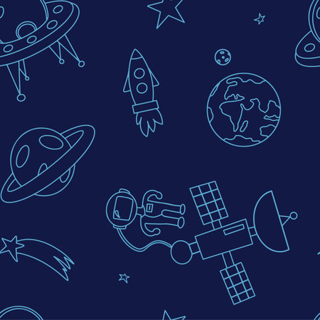Space seamless pattern. Hand draw space illustration with a rocket, astronaut, planets and aliens. Cute, children s vector drawing about spaceships, flying saucers and shuttles. Space with Saturn, Jupiter and stars. Planets, rockets and stars. Cartoon spaceship icons. Childish background.のイラスト素材