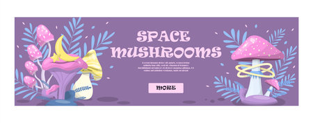 vector magic mushrooms. Banner Space cartoon mushrooms. Colorful illustrations of space with flying saucers, planets and stars. Banner, advertisement, poster. A set of witch icons for Halloween.のイラスト素材