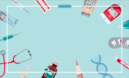 Vector medical banner. Pharmacy template for hospitals, advertising, pharmacies training. International health protection, insurance.Medicine and surgery.Vaccination, online health check up, medical diagnostics.のイラスト素材
