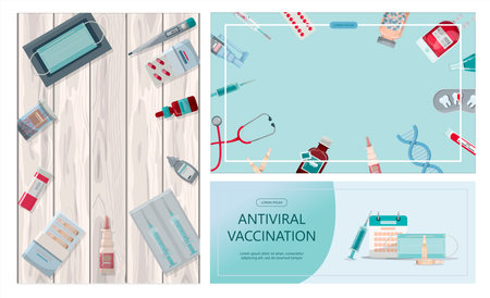 Vector medical banner. Pharmacy template for hospitals, advertising, pharmacies training. International health protection, insurance.Medicine and surgery.Vaccination, online health check up, medical diagnostics.のイラスト素材