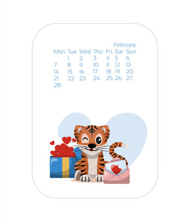 Calendar design template for 2022 year of blue Tiger Chinese new year. february Vector stock flat illustration. Cartoon months for calendarのイラスト素材