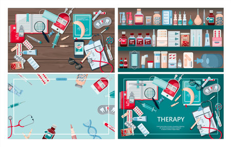 Vector medical banner. Pharmacy template for hospitals, advertising, pharmacies training. International health protection, insurance.Medicine and surgery.Vaccination, online health check up, medical diagnostics.のイラスト素材