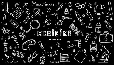 Medical doodle poster with medicines, test tubes and a thermometer. Big pharmacy set. Template for an advertising, patterns or remote medical consultations for adults and children. Vector illustration card with hand-drawn pictures. Picture with DNA, drops, stilts, antibiotic, microscope, hot water bottle, tweezers, ointment, syringe, blood transfusion, flasks.のイラスト素材